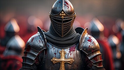 Medieval Knight in Battle Armor with Bloodstains and Cross Emblem