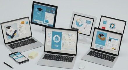 Multiple Laptops Tablets and Phone with E-Learning Interface