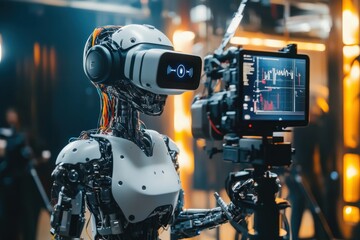 Fototapeta premium Robot engages with virtual reality camera during a technology demonstration