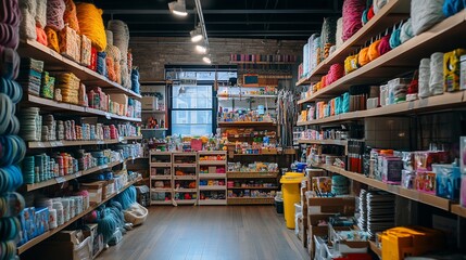 Colorful Craft Supply Store Shelves Overflowing With Yarn And Materials