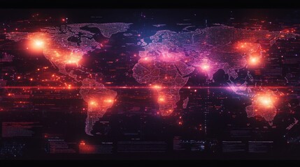 World map showcasing illuminated regions with data overlays and digital highlights