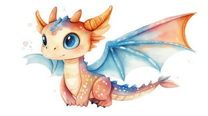 Watercolor png clipart Cute Cartoon Dragon with Colorful Wings and Big Blue Eyes isolated on a white background