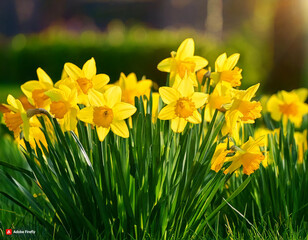Obraz premium yellow daffodils in spring, daffodils in the garden, Daffodils shining in the sun
