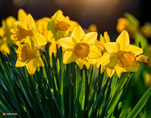 Obraz premium yellow daffodils in spring, daffodils in the garden, Daffodils shining in the sun