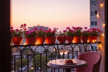 Fototapeta premium Cozy Balcony with Flower Pots Overlooking Cityscape at Sunset with Glasses of Wine and Strawberries on Table Romantic Evening Atmosphere