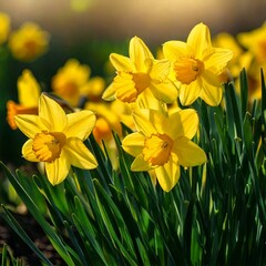 Obraz premium yellow daffodils in spring, daffodils in the garden, Daffodils shining in the sun