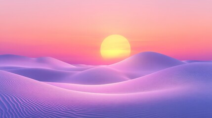 A serene sunset over undulating sand dunes, blending shades of purple and pink, creating a tranquil and dreamy landscape.