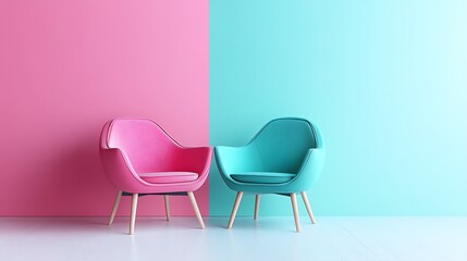 Pink and teal armchairs against a two-toned wall.