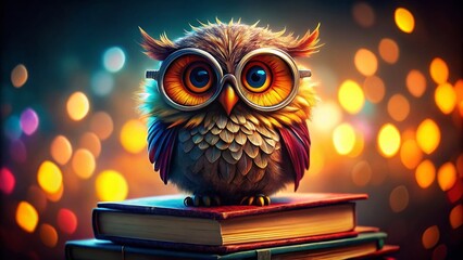 Obraz premium Magical Owl with Glasses on Colorful Books - Whimsical Fantasy Stock Photo