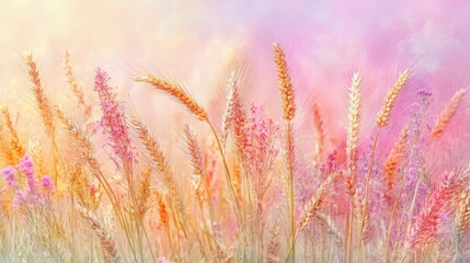 Fototapeta premium A dreamy landscape filled with soft-focus flowers and grasses, showcasing pastel colors that evoke a serene and tranquil atmosphere.