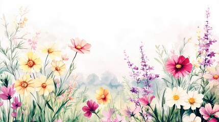 Fototapeta premium Vibrant wildflowers watercolor painting nature scene art composition bright environment serene viewpoint floral concept