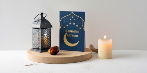 Ramadan Kareem greeting with lantern candle and date