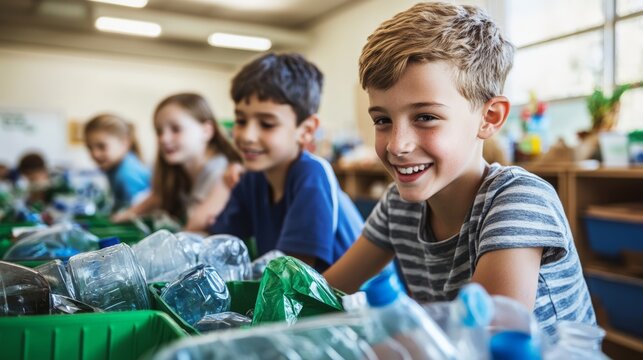 Caucasian young children sorting recyclables in classroom environmental activity