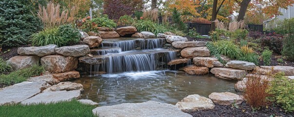 Obraz premium A serene waterfall cascades over rocks into a tranquil pond, surrounded by lush greenery and autumn foliage.