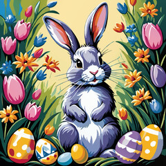 easter bunny with flowers and eggs, vector illustration
