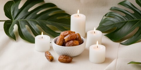 Dates Candles And Tropical Leaves Arranged Aesthetically