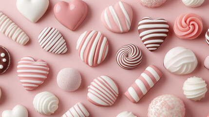 Obraz premium An assortment of pink and white heart-shaped and striped chocolates arranged on a pastel background, symbolizing sweetness and romance.