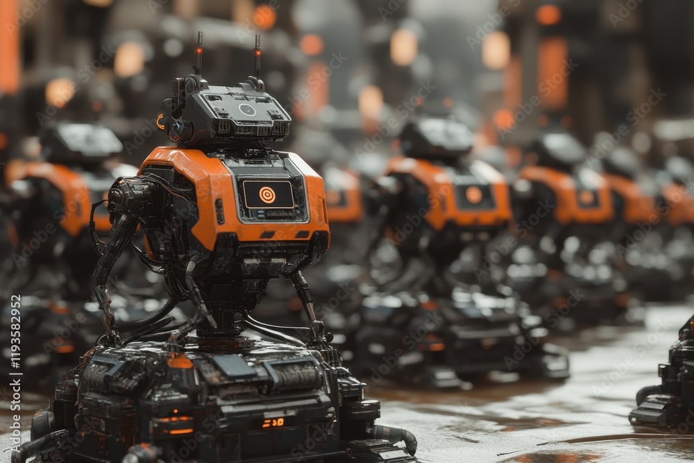 Poster rows of futuristic robots with orange and black design in a high-tech environment