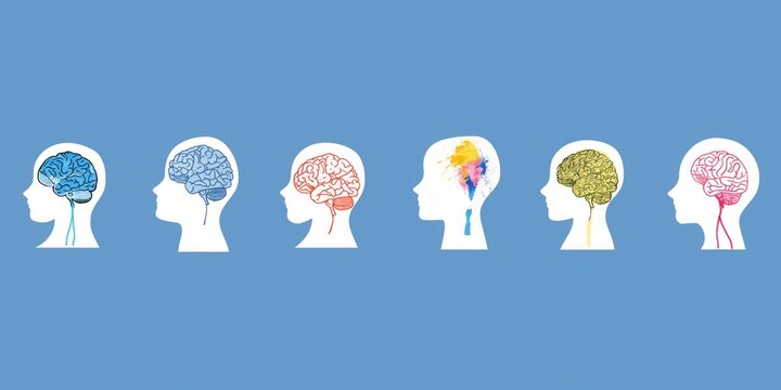 silhouette heads in a row each with vibrant interior brain art bright minimal background representing creativity copyspace concept of psychology therapy health