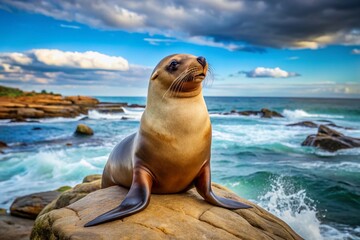 Obraz premium Majestic Australian Sea Lion Posing on a Rock, Ocean Background, Rule of Thirds Composition