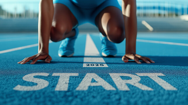 A sprinter crouched at the starting line on a bright blue track, poised for a race and symbolizing determination and focus.