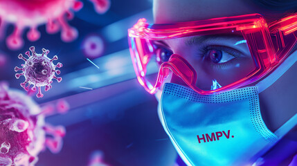 A scientist wearing a protective mask and goggles studying viruses in a high-tech laboratory environment.
