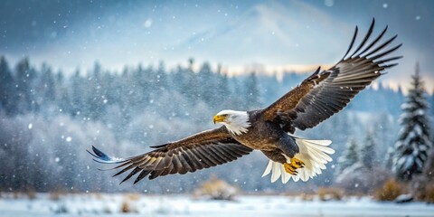 Fototapeta premium Majestic Bald Eagle Soaring, Alaskan Winter Wilderness