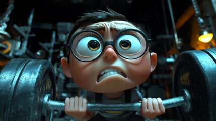 Cartoon boy struggles lifting heavy barbell in dark gym.