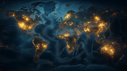 A glowing world map highlighting illuminated regions across continents at night