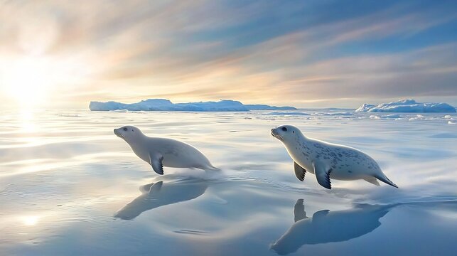 Leopard seals leaping on ice floes at sunset, Antarctic ocean