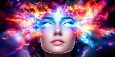 Naklejka premium A surreal, vibrant representation of a woman's face with colorful, explosive patterns radiating from her head. Concept Surreal Art, Vibrant Colors, Face Representation, Explosive Patterns