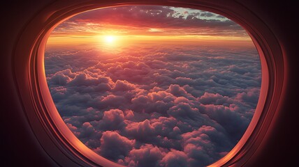 Fototapeta premium Airplane window view of sunset over cloudscape.