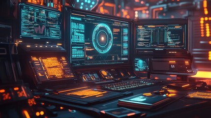 Obraz premium High-tech computing workstation with multi-screen setup, glowing interfaces, and futuristic coding algorithms
