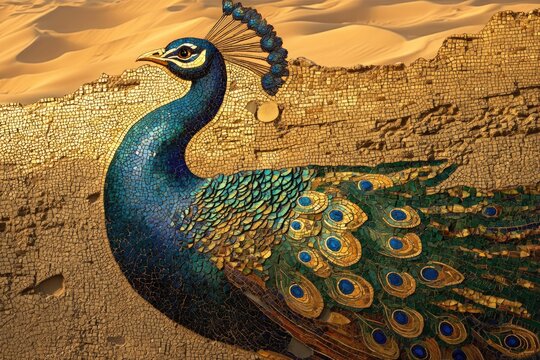 A vibrant peacock mosaic art adorns a weathered, golden wall against a desert backdrop.