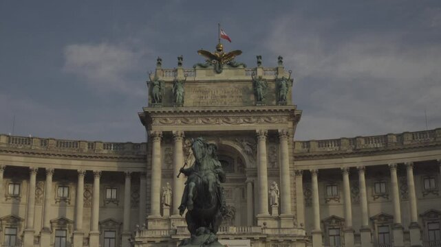 Bronze equestrian statue Prince Eugene, known as Prinz Eugen Reiterdenkmal at Heldenplatz, Vienna, Austria. Historic monument symbolizing Prince Eugenes legacy, crafted with intricate artistic detail