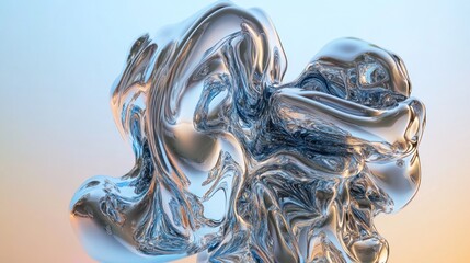 Abstract metallic fluid with smooth curves and reflective surface in a light gradient background