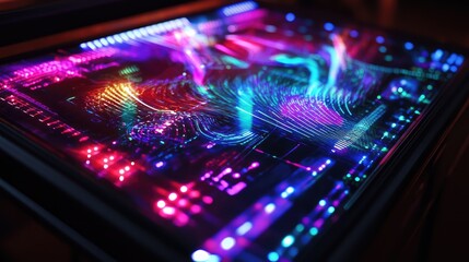 Obraz premium High-tech control panel for a quantum computer, displaying colorful, dynamic holograms