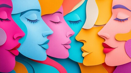 Colorful Papercut Women Faces Profile View