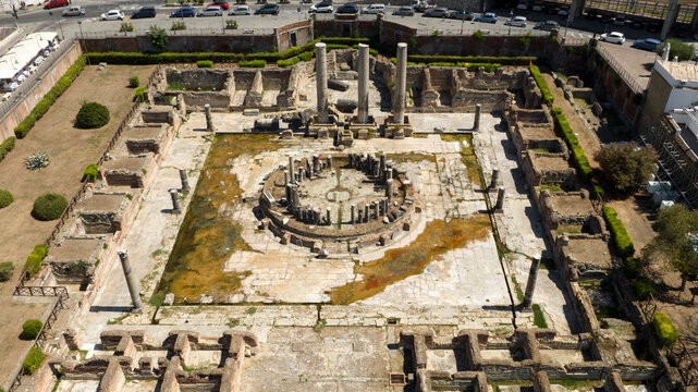Aerial view the Macellum of Pozzuoli, near Naples, Italy. It was market building of the Roman colony of Puteoli. It was mistakenly known as the Temple of Serapis.
