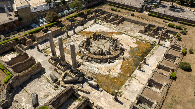 Aerial view the Macellum of Pozzuoli, near Naples, Italy. It was market building of the Roman colony of Puteoli. It was mistakenly known as the Temple of Serapis.