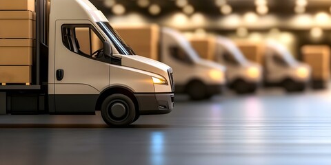A fleet of delivery trucks lined up in a warehouse, with one truck prominently in the foreground. Concept Delivery Fleet Showcase, Warehouse Logistics, Trucking Operations, Fleet Management