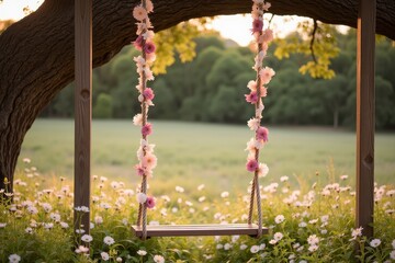 Serene Garden Swing Adorned with Delicate Flowers Surrounded by Lush Greenery at Sunset, Perfect for Capturing Tranquil Moments in Nature Photography