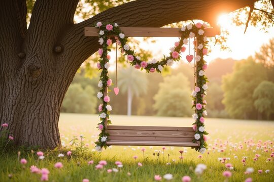 Charming Wooden Swing Adorned with Colorful Flowers Under a Majestic Tree at Sunset, Creating a Serene and Romantic Atmosphere in a Peaceful Meadow