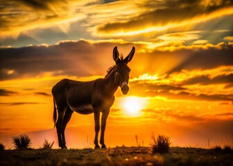 Naklejka premium Majestic Donkey Silhouette at Sunset, Rule of Thirds Composition