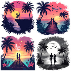 Romantic Tropical Silhouette Scenes Perfect for Sunset Lovers Vector Illustration Set