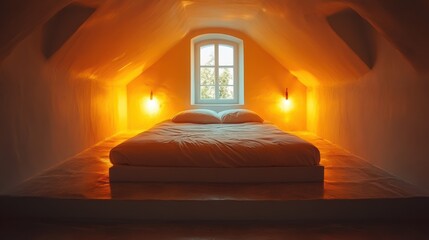 Soft light illuminates a cozy loft bedroom featuring a spacious bed. The design emphasizes comfort with clean lines and a serene ambiance, ideal for relaxation