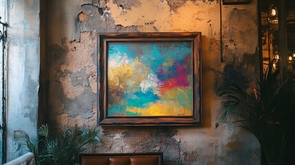 Abstract Painting Adorns Distressed Wall Interior