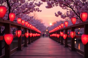 Serene Sunset Over Cherry Blossom Bridge Adorned with Lanterns, Creating a Romantic Heartwarming Atmosphere for Photography Lovers