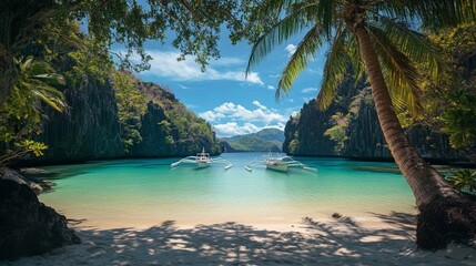 Fototapeta premium Tropical Lagoon Scene with Two Boats Anchored Near Shore