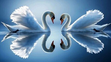 Two swans forming heart shape, tranquil lake reflection, romantic nature scene, ideal for love or wildlife themes